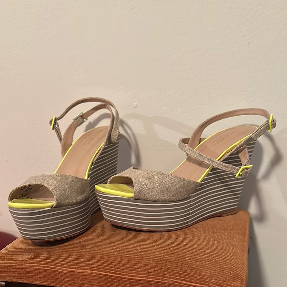 Tan and Yellow Wedge Sandals with Striped Platform
